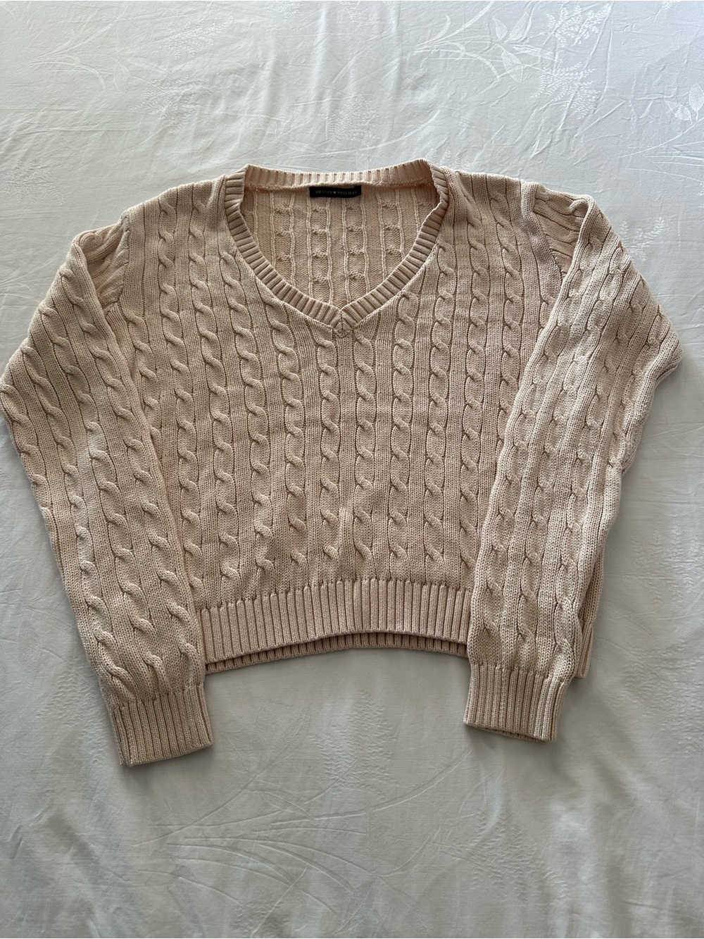Brandy Melville Light Beige Cable Knit V-Neck Sweater
